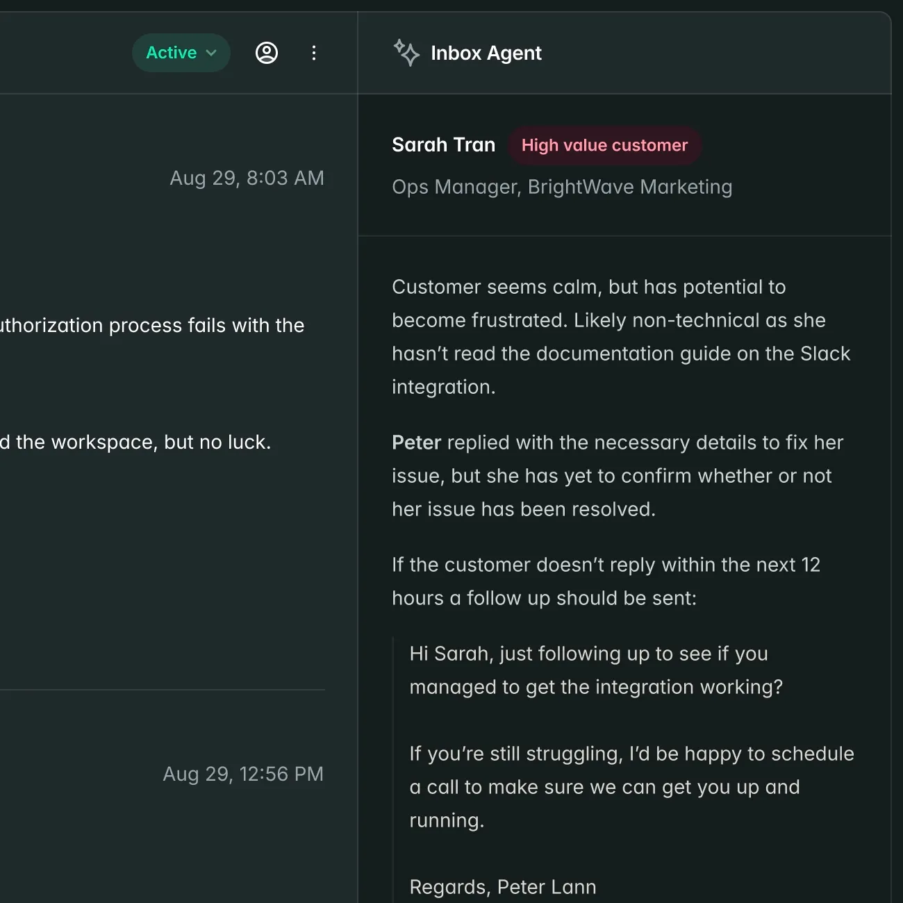 Inbox agent interface